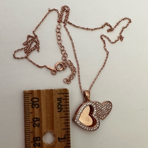 925 Silver double heart initial cz necklace 14K rose gold plated - Picture 4 of 6